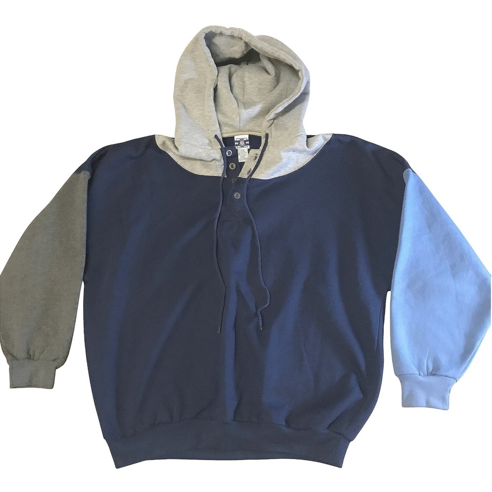 Vintage Pro Spirit Colorblock Henley Hoodie Mens XXL Navy Blue Grey Sweatshirt
